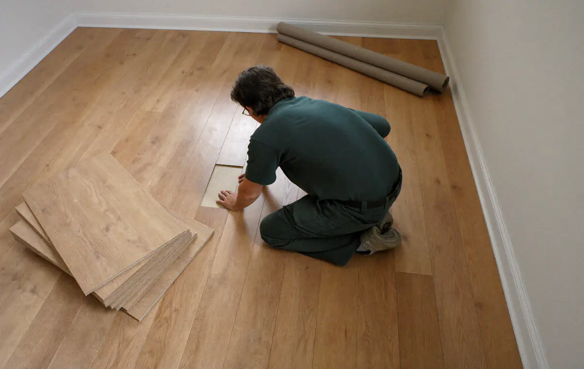 Vakman in groene werkkleding die lichte eiken laminaatplanken rij voor rij losklikt, met een stapel planken en opgerolde ondervloer